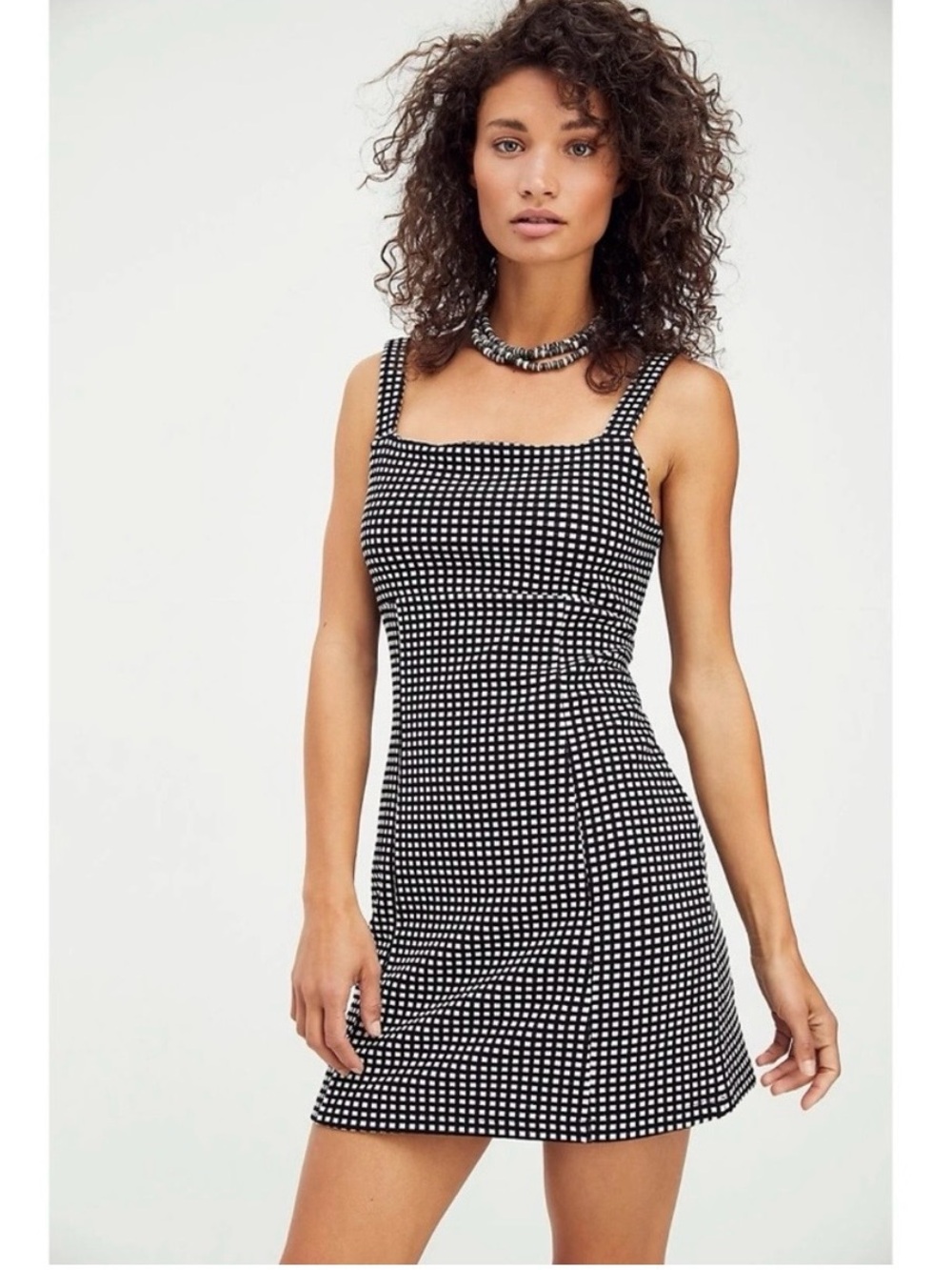 Free People Black and White Gingham Square Neck Mini Dress - Picture 1 of 2